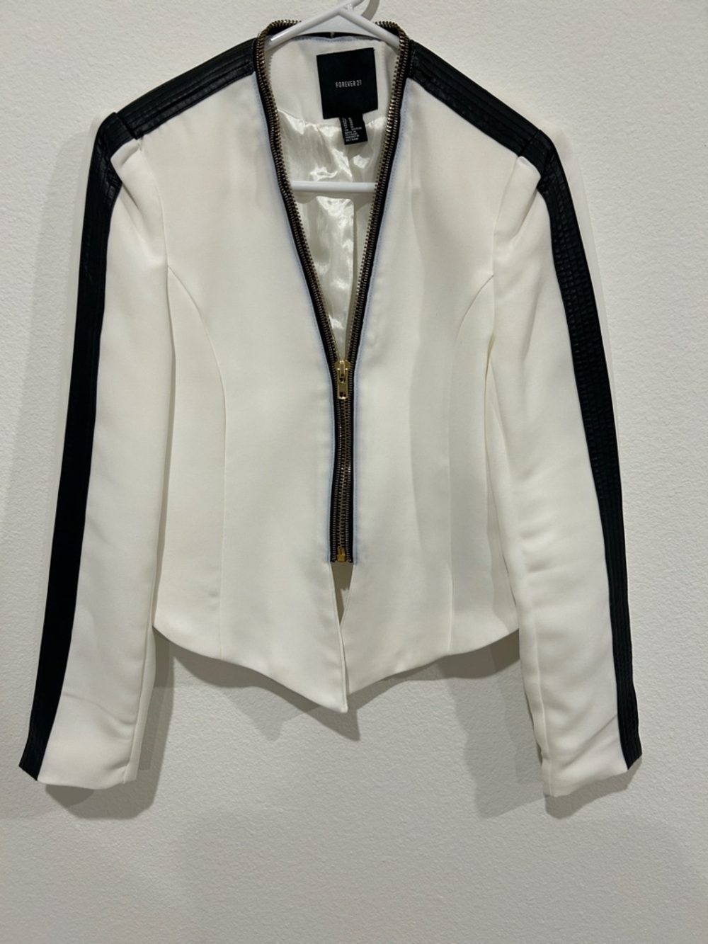 Forever 21 White Jacket with Black Vegan Leather Trim and Zipper Accents